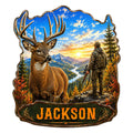 Custom deer hunting metal sign featuring a buck, mountain valley, sunset, and hunter in camouflage