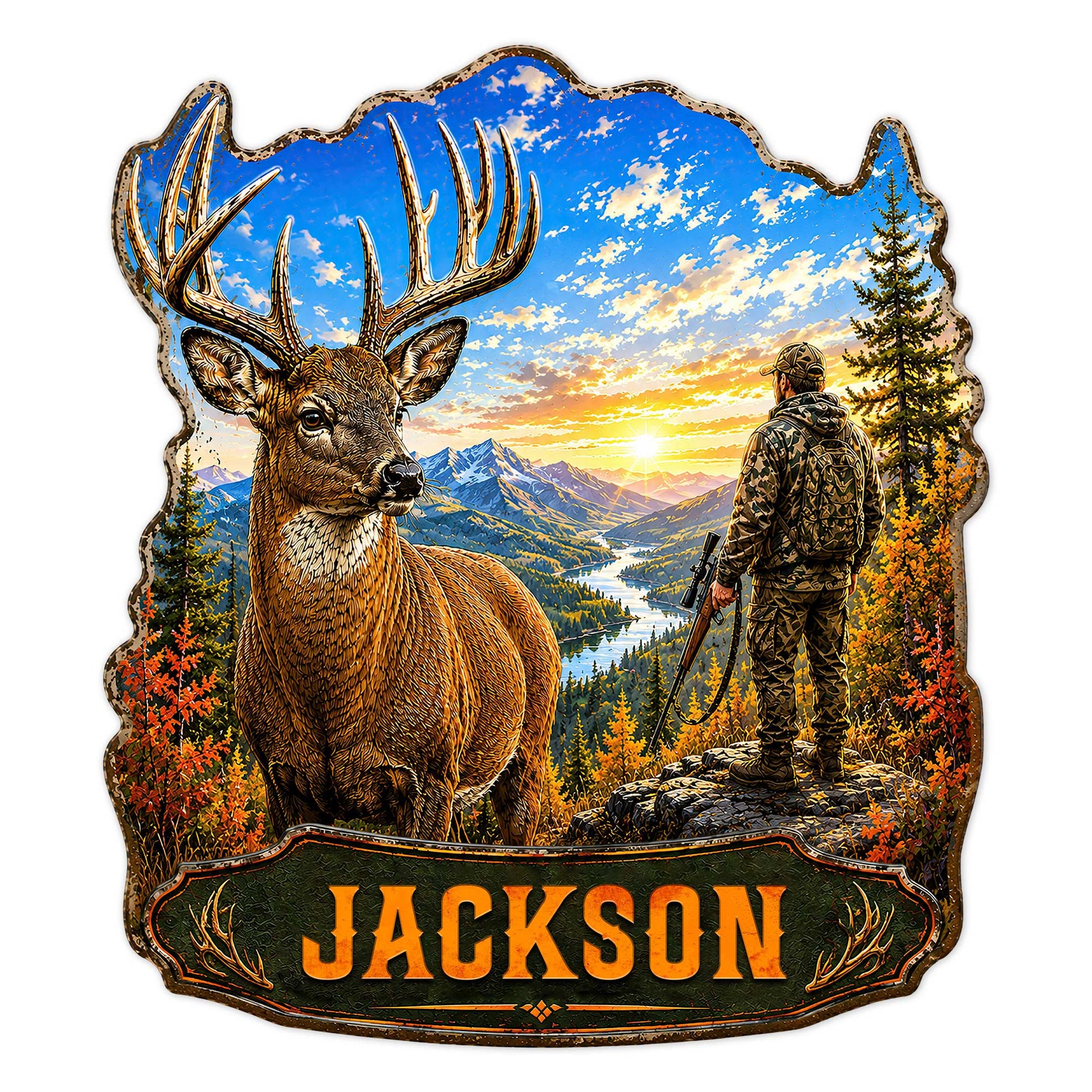 Custom deer hunting metal sign featuring a buck, mountain valley, sunset, and hunter in camouflage