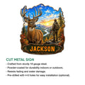 Deer hunting metal sign shown with a cut-steel product feature and size information guide