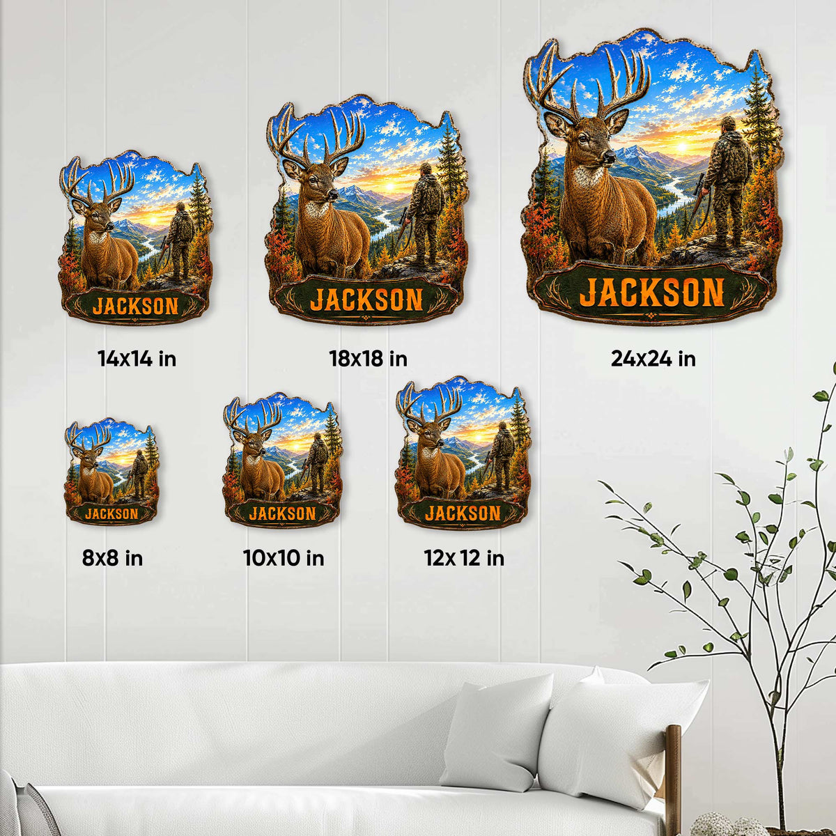 Deer hunting metal sign size guide showing available square dimensions from 8x8 to 24x24 inches