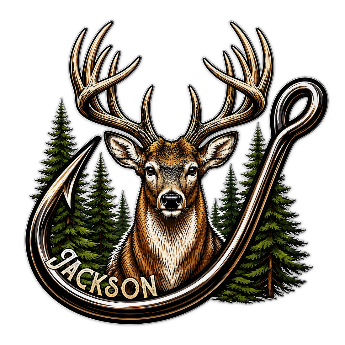 Custom deer hunting metal sign featuring a detailed buck with large antlers and pine trees