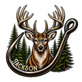 Custom deer hunting metal sign featuring a detailed buck with large antlers and pine trees