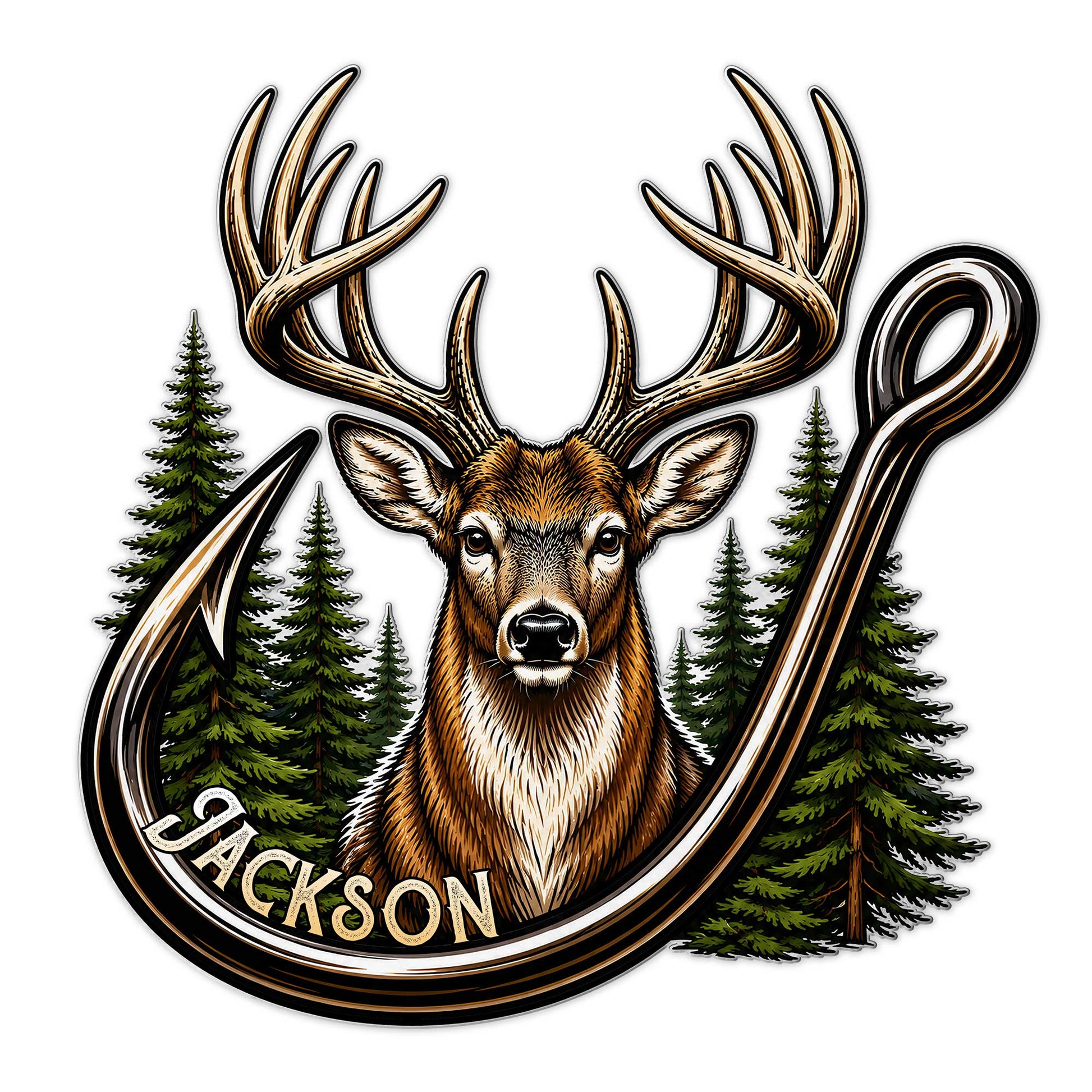Custom deer hunting metal sign featuring a detailed buck with large antlers and pine trees