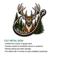 Cut metal deer hunting sign showing a realistic buck framed by evergreen trees