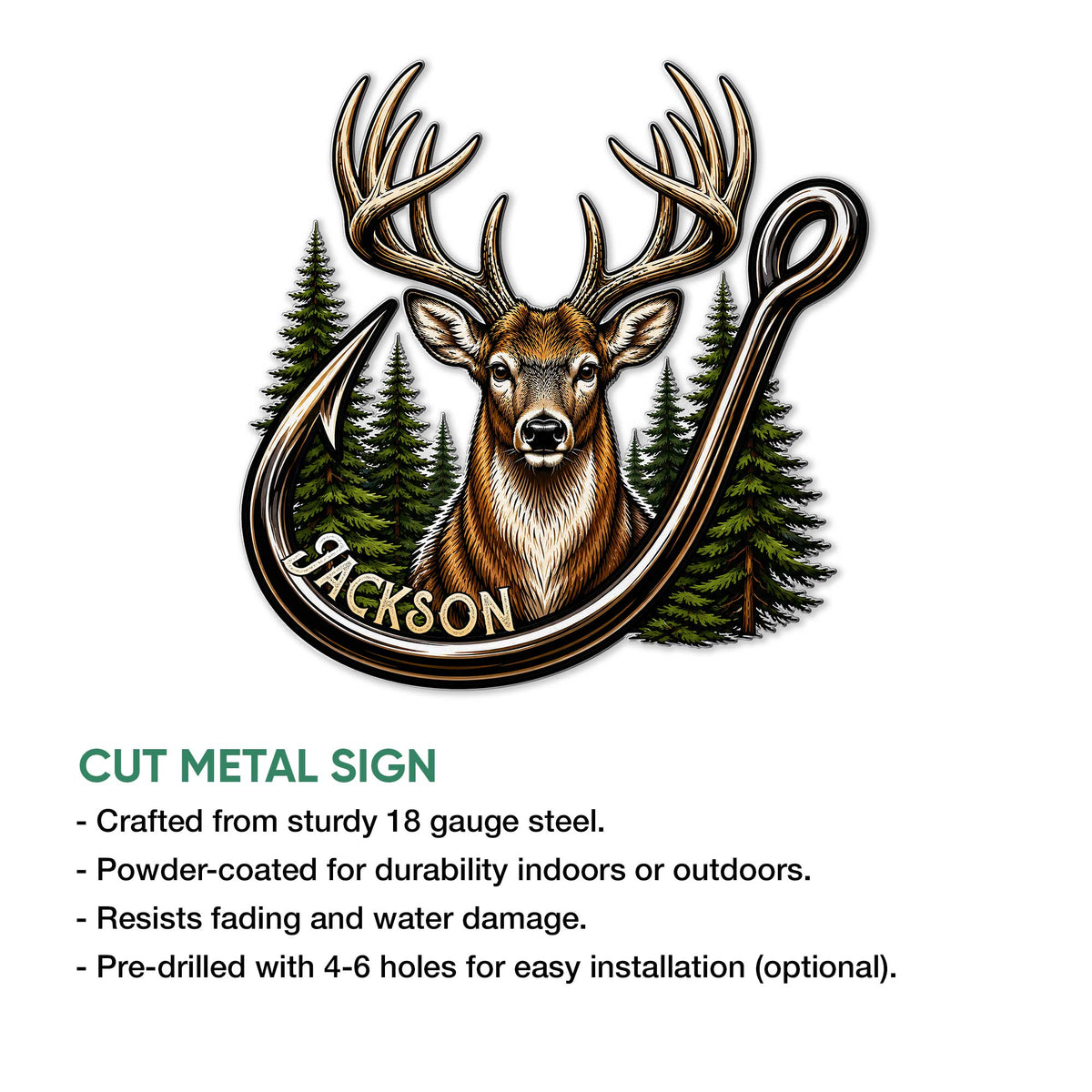 Cut metal deer hunting sign showing a realistic buck framed by evergreen trees