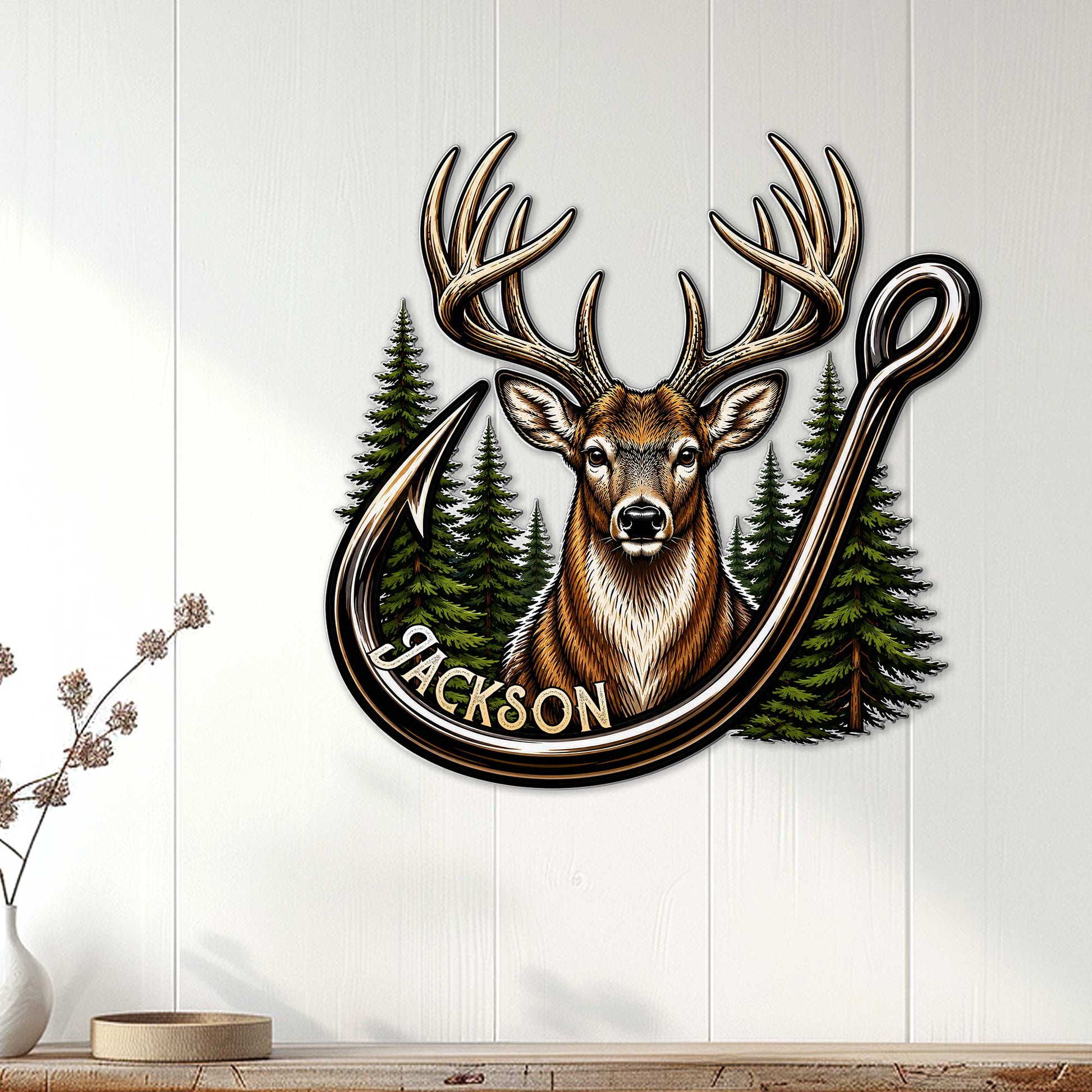 Buck hunting wall decor displayed on a light wood wall in a home interior