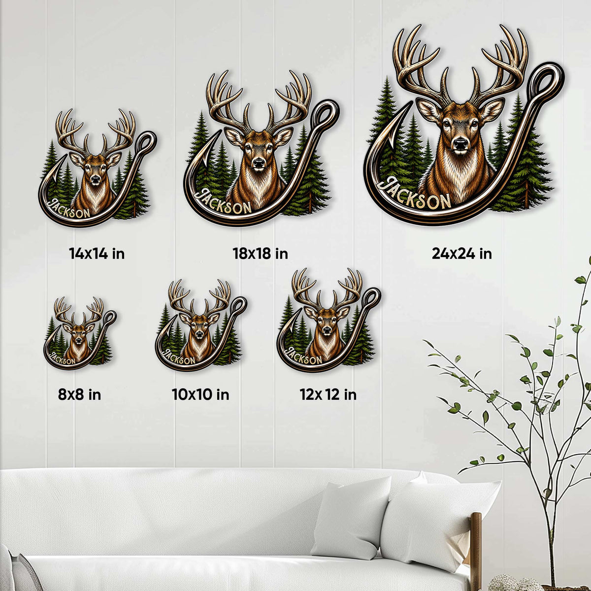 Deer hunting metal sign size guide showing available square sizes from 8 by 8 to 24 by 24 inches