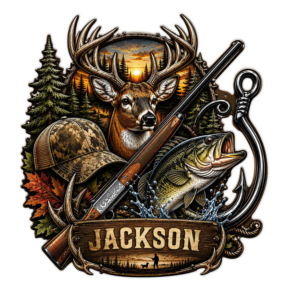 Detailed hunting metal sign featuring a buck, rifle, bass, fishing hook, camouflage cap, and pine forest scene