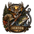 Detailed hunting metal sign featuring a buck, rifle, bass, fishing hook, camouflage cap, and pine forest scene