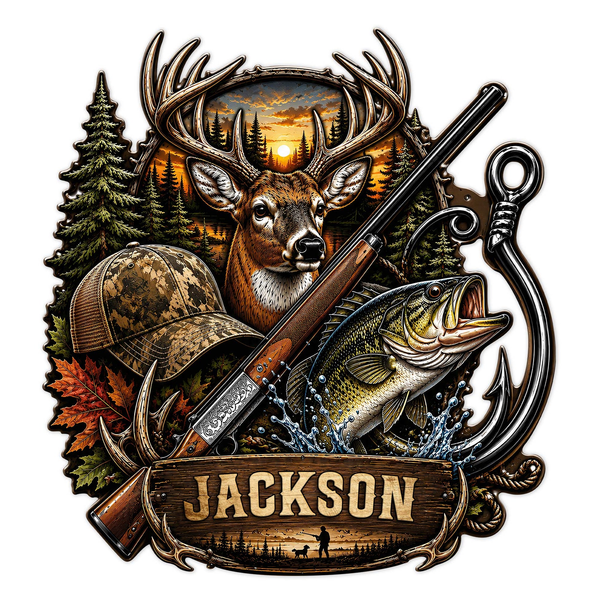 Detailed hunting metal sign featuring a buck, rifle, bass, fishing hook, camouflage cap, and pine forest scene