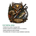 Hunting metal sign feature graphic showing the cut-metal design and outdoor display qualities