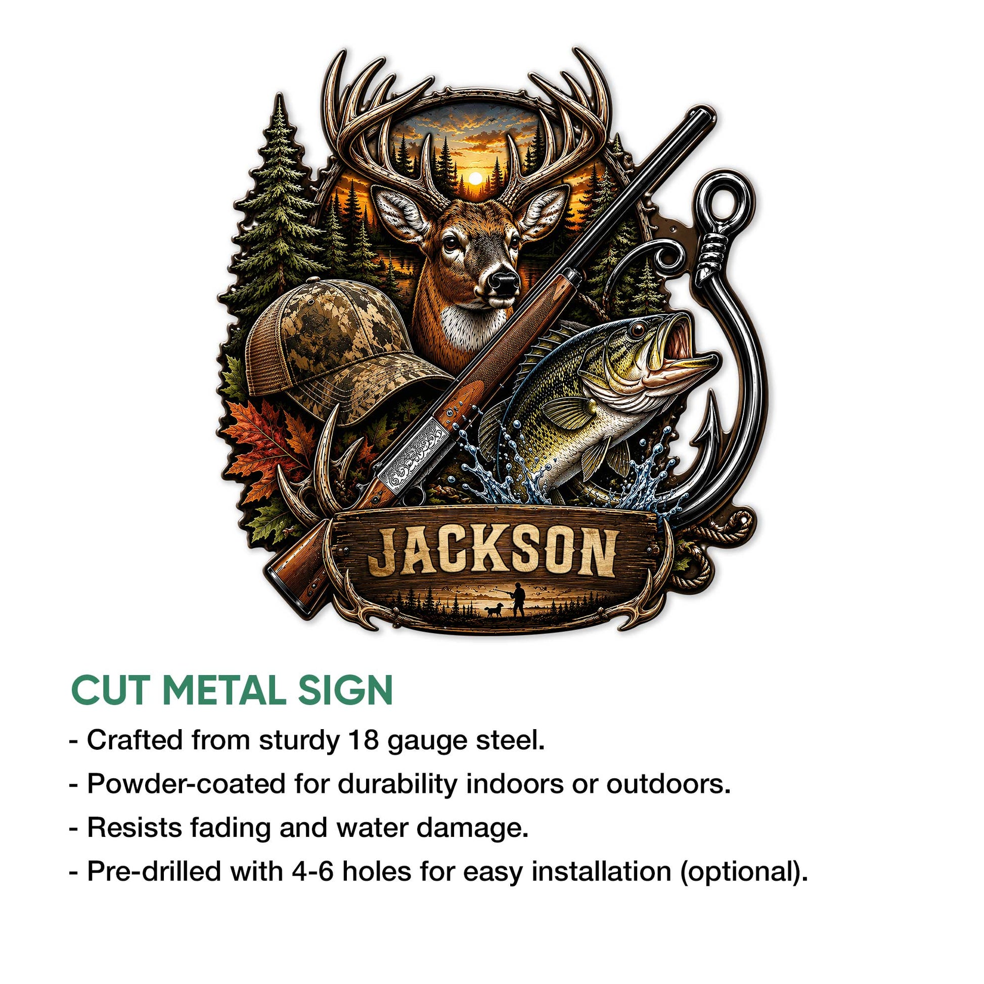 Hunting metal sign feature graphic showing the cut-metal design and outdoor display qualities