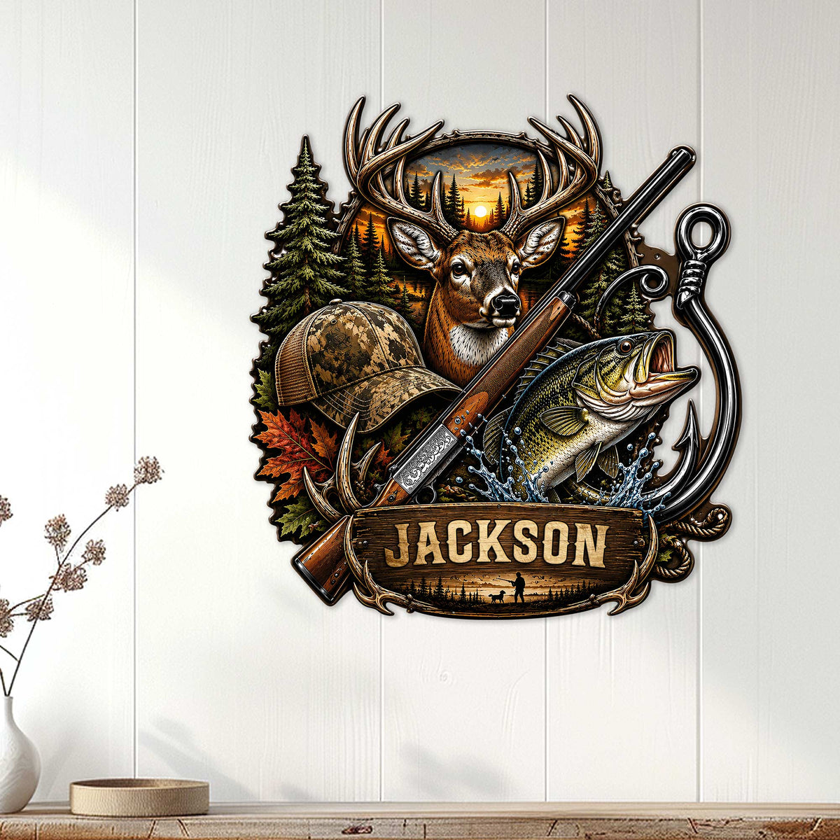 Hunting wall decor displayed on a light wood-paneled wall in a home interior