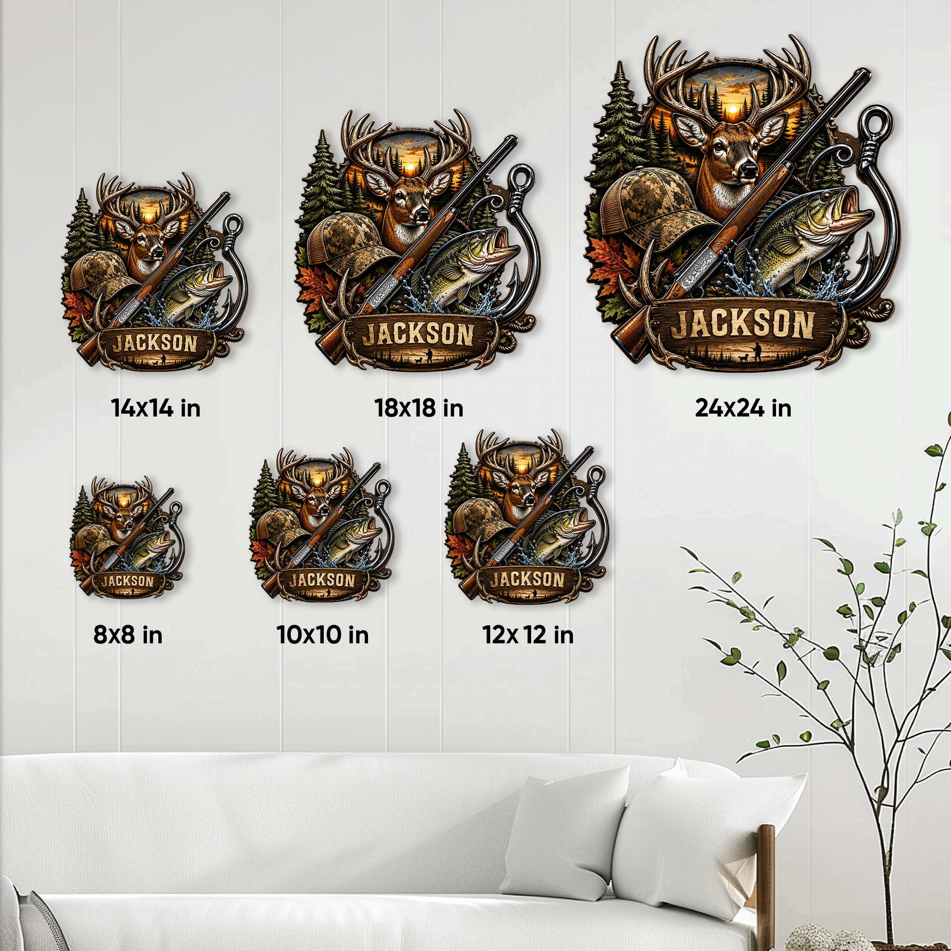 Hunting metal sign size guide showing available square sizes from 8 by 8 to 24 by 24 inches