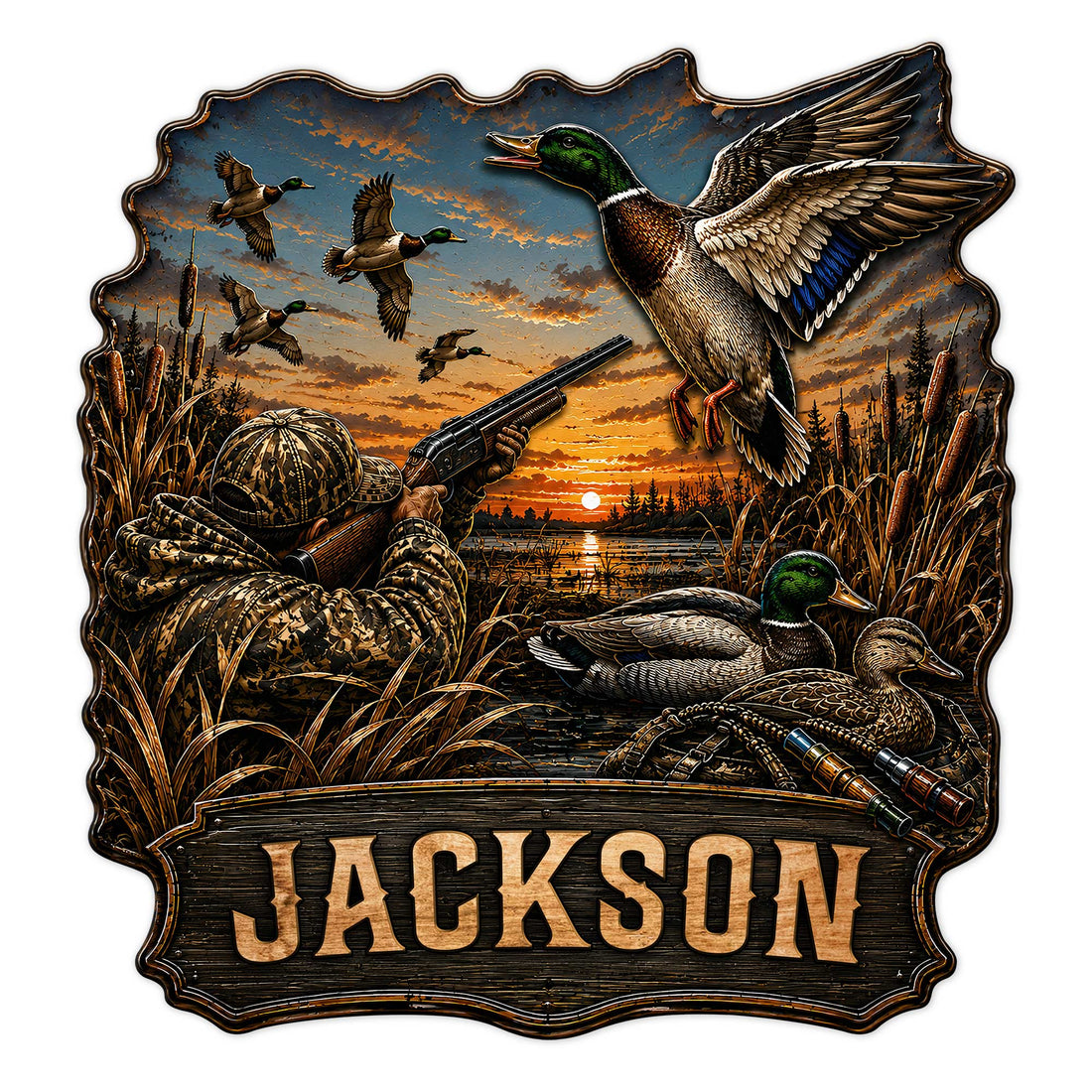 Custom duck hunting metal sign featuring mallards, a camouflaged hunter, shotgun, marsh, and sunset scenery