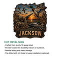 Duck hunting metal sign feature graphic showing a mallard hunting scene and cut metal sign details