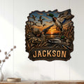 Duck hunting wall sign displayed on a white paneled wall with mallards, marsh reeds, and a camouflaged hunter
