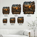 Duck hunting metal sign size guide showing multiple square size options displayed on a wall