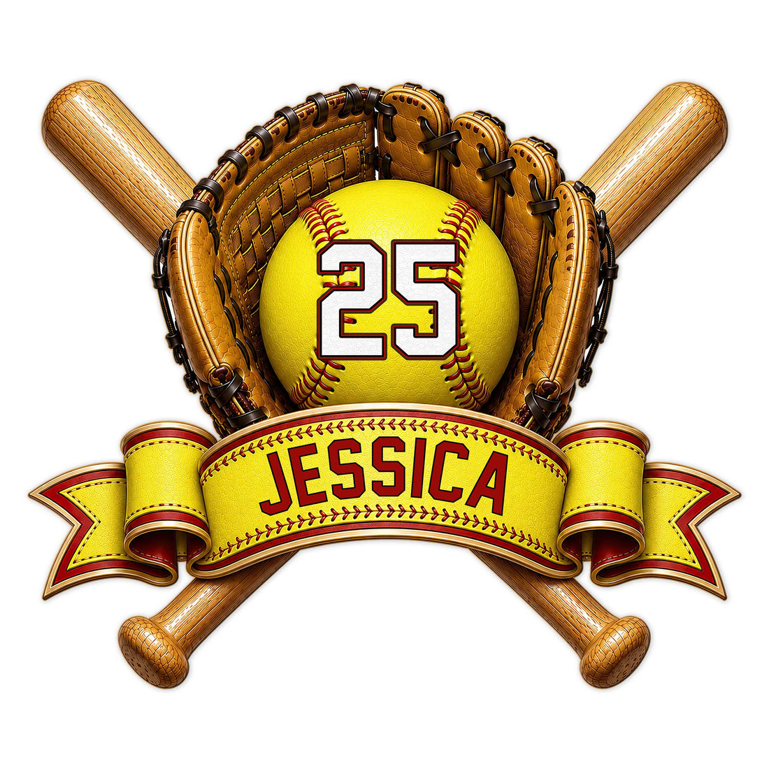 Custom softball metal sign featuring a softball, crossed bats, catcher’s mitts, and a bold banner