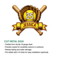 Softball metal sign shown with crossed bats, catcher’s gloves, and a decorative banner design