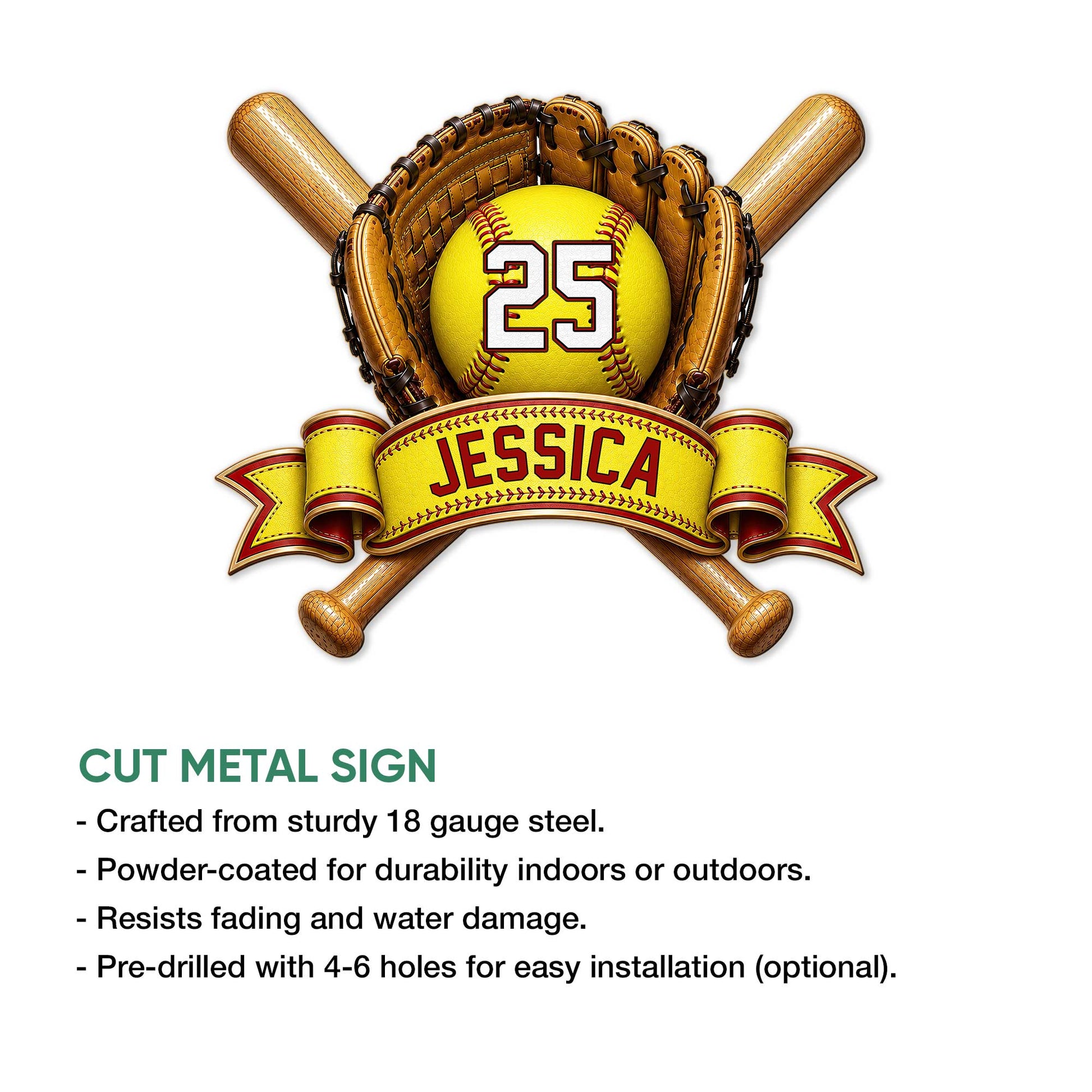 Softball metal sign shown with crossed bats, catcher’s gloves, and a decorative banner design