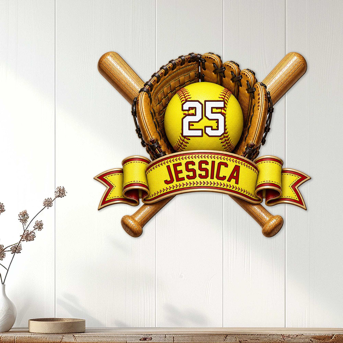 Softball wall sign displayed on a white paneled wall as sporty home decor