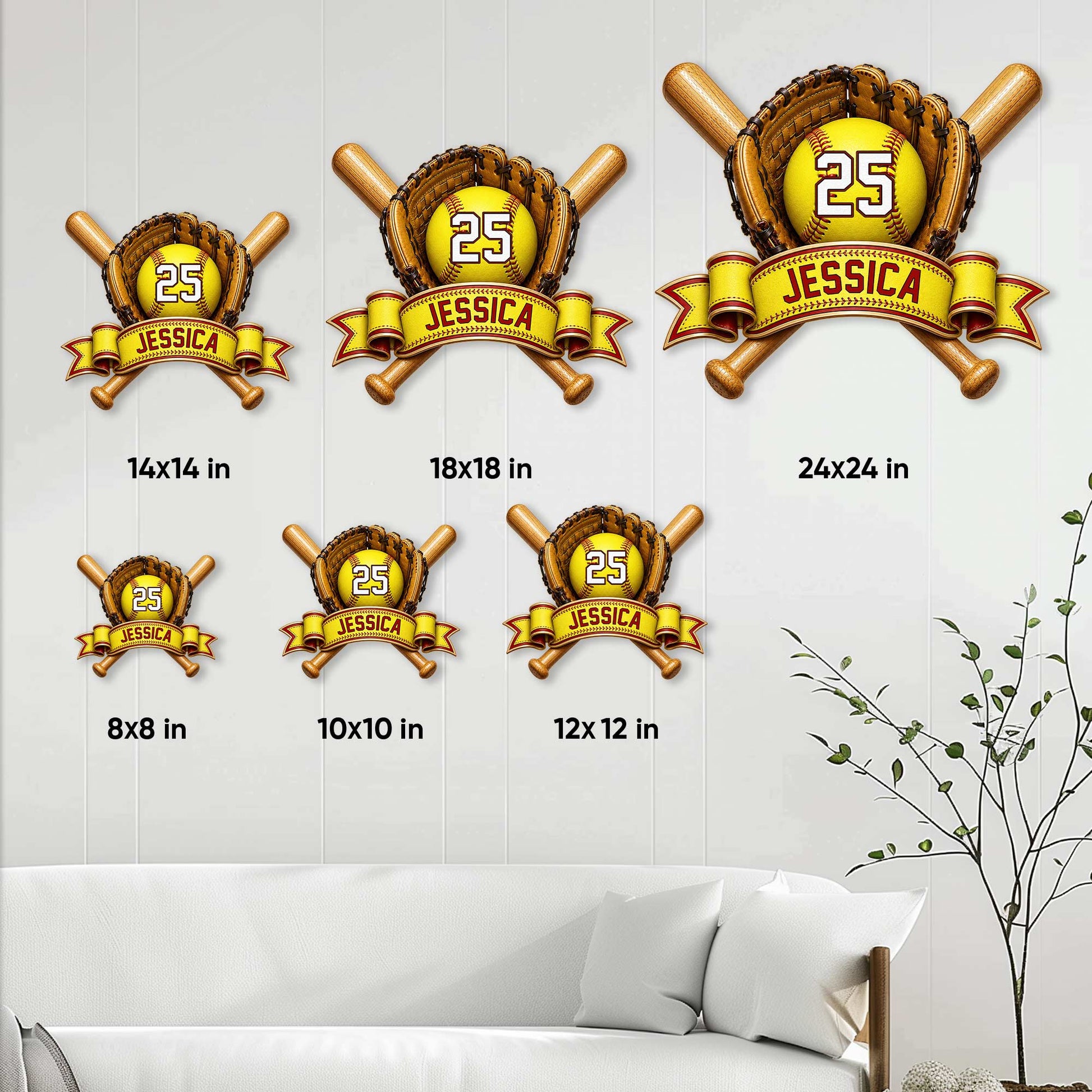 Softball metal sign size guide showing available square sizes from 8 by 8 to 24 by 24 inches
