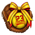 Softball metal sign featuring a yellow softball, leather glove, colorful bow, and bold player-style artwork