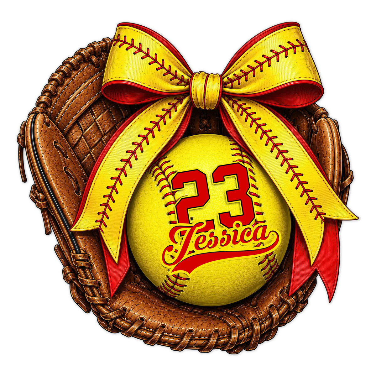 Softball metal sign featuring a yellow softball, leather glove, colorful bow, and bold player-style artwork