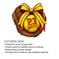 Softball glove and bow metal sign shown with a product feature overview for indoor or outdoor display
