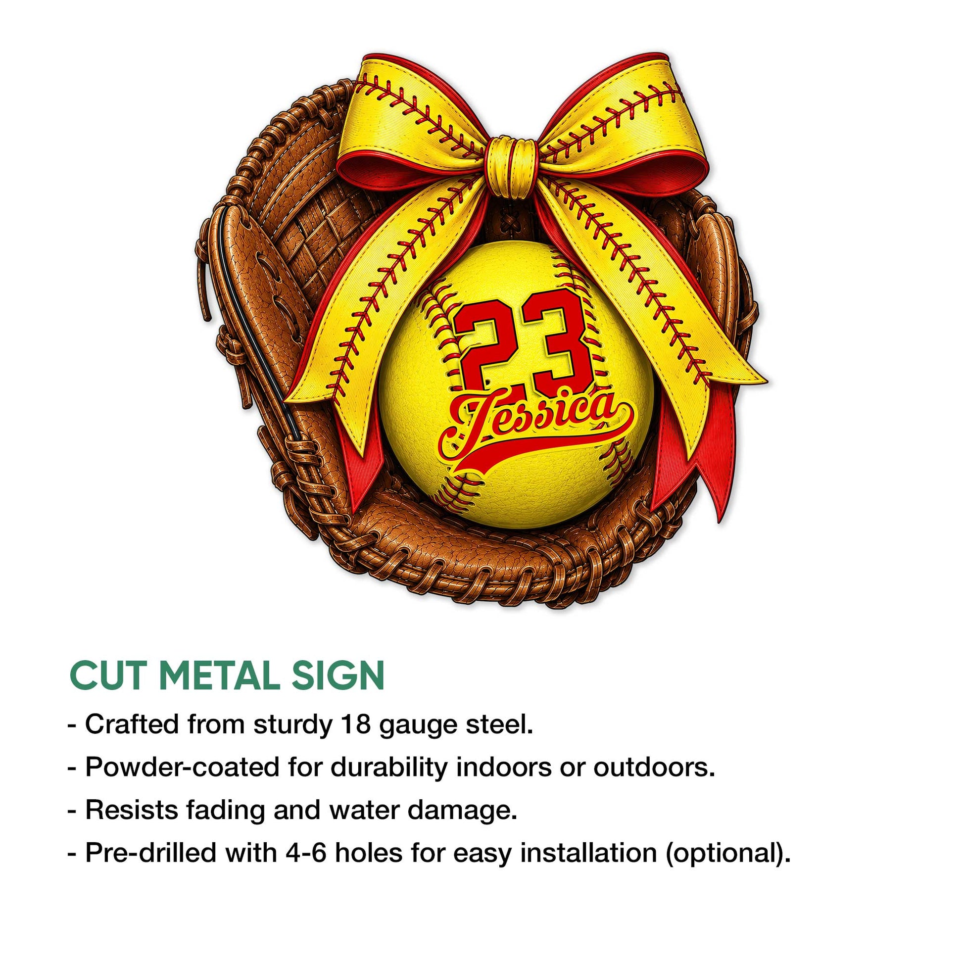 Softball glove and bow metal sign shown with a product feature overview for indoor or outdoor display