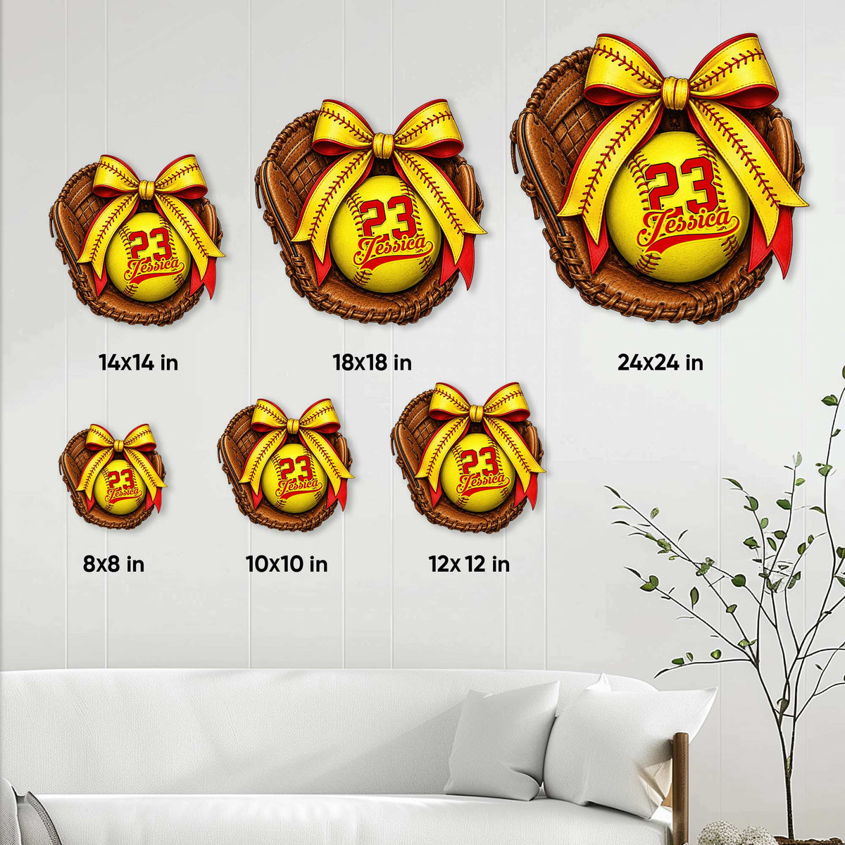 Softball metal sign size guide showing multiple square size options in a home wall setting