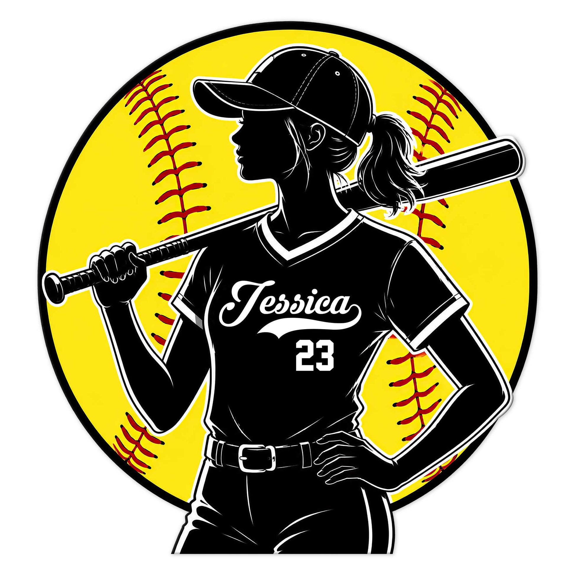 Custom softball metal sign featuring a girl batter silhouette with a bat against a bright yellow softball background