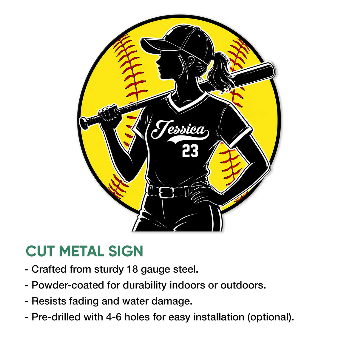 Softball player cut metal sign shown with a bold batter silhouette and large yellow softball design