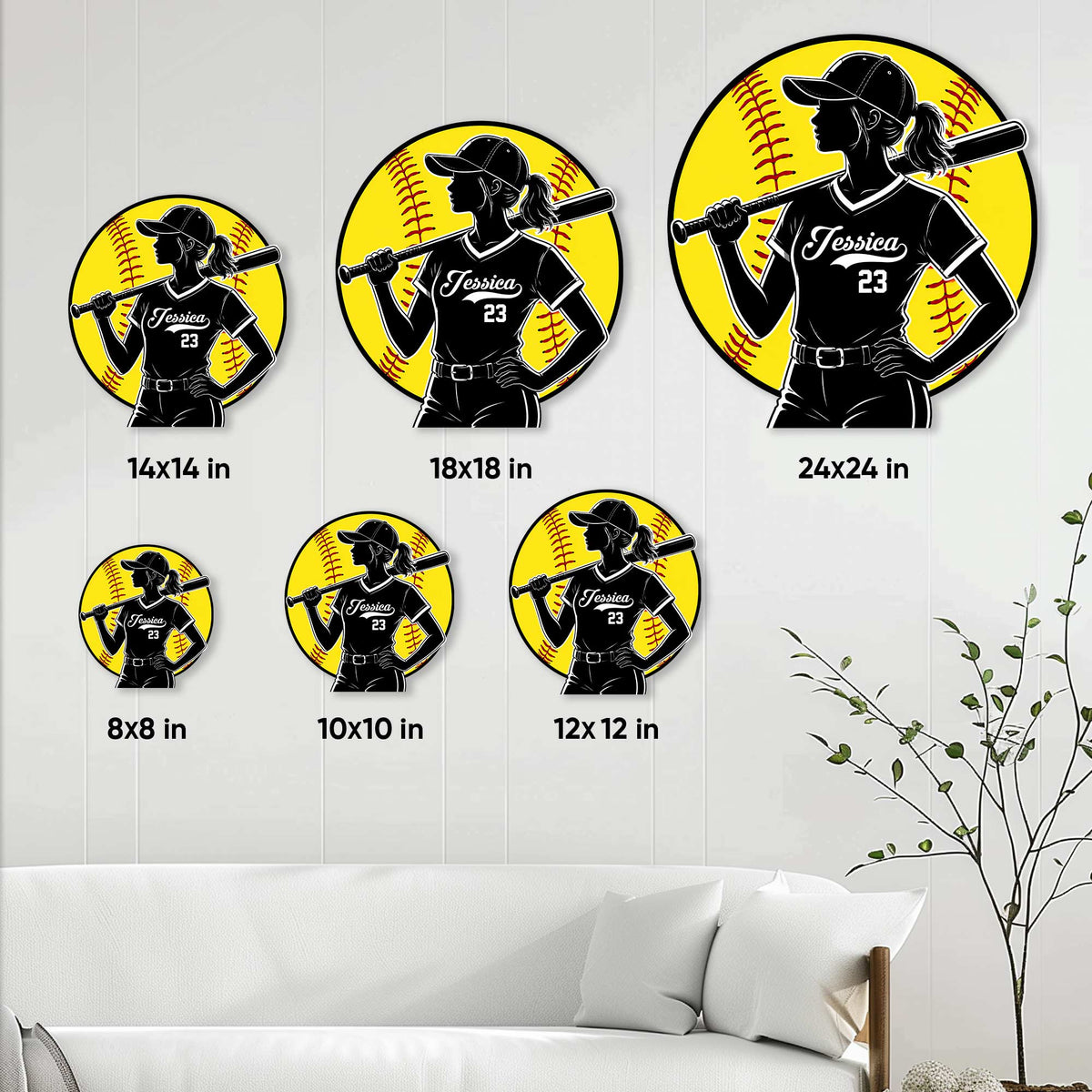 Softball metal sign size guide showing the batter design in multiple available square sizes