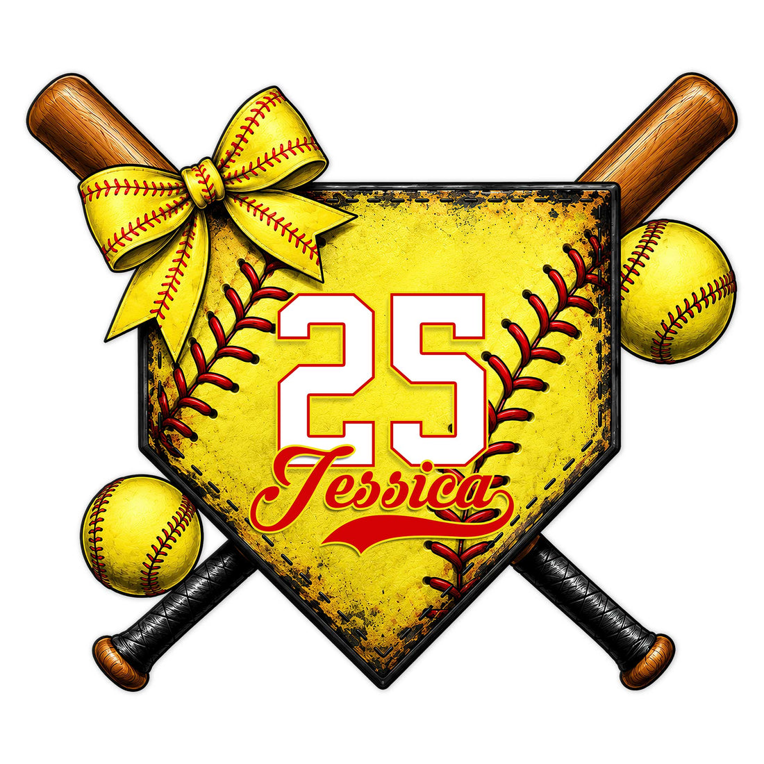 Custom softball metal sign featuring crossed bats, softball balls, a bow, and a bold player-style shield design