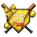 Custom softball metal sign featuring crossed bats, softball balls, a bow, and a bold player-style shield design