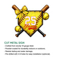 Softball metal sign shown with crossed bats, softball balls, bow detail, and a cut metal sign feature overview