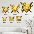 Softball metal sign size guide showing 8, 10, 12, 14, 18, and 24 inch square options in a room setting