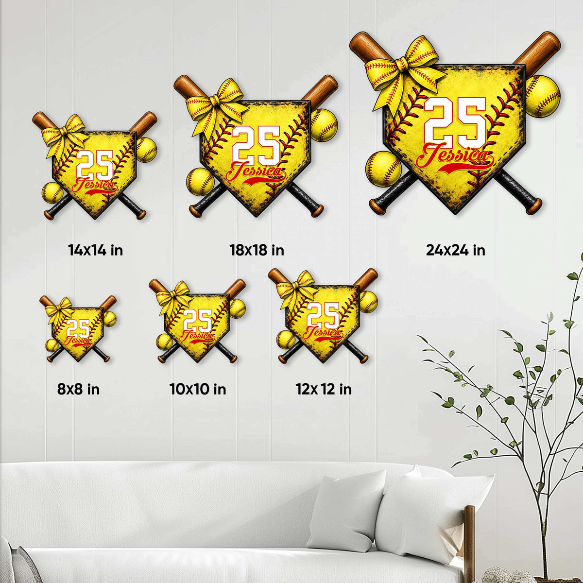 Softball metal sign size guide showing 8, 10, 12, 14, 18, and 24 inch square options in a room setting