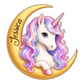 Colorful unicorn portrait with a pink horn and rainbow mane framed by a golden crescent moon