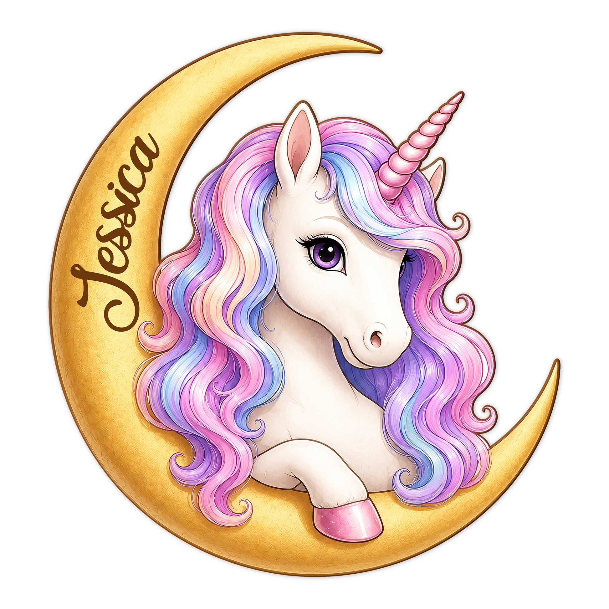Colorful unicorn portrait with a pink horn and rainbow mane framed by a golden crescent moon