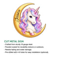 Unicorn crescent moon metal sign shown with a cut-metal sign feature and colorful fantasy artwork