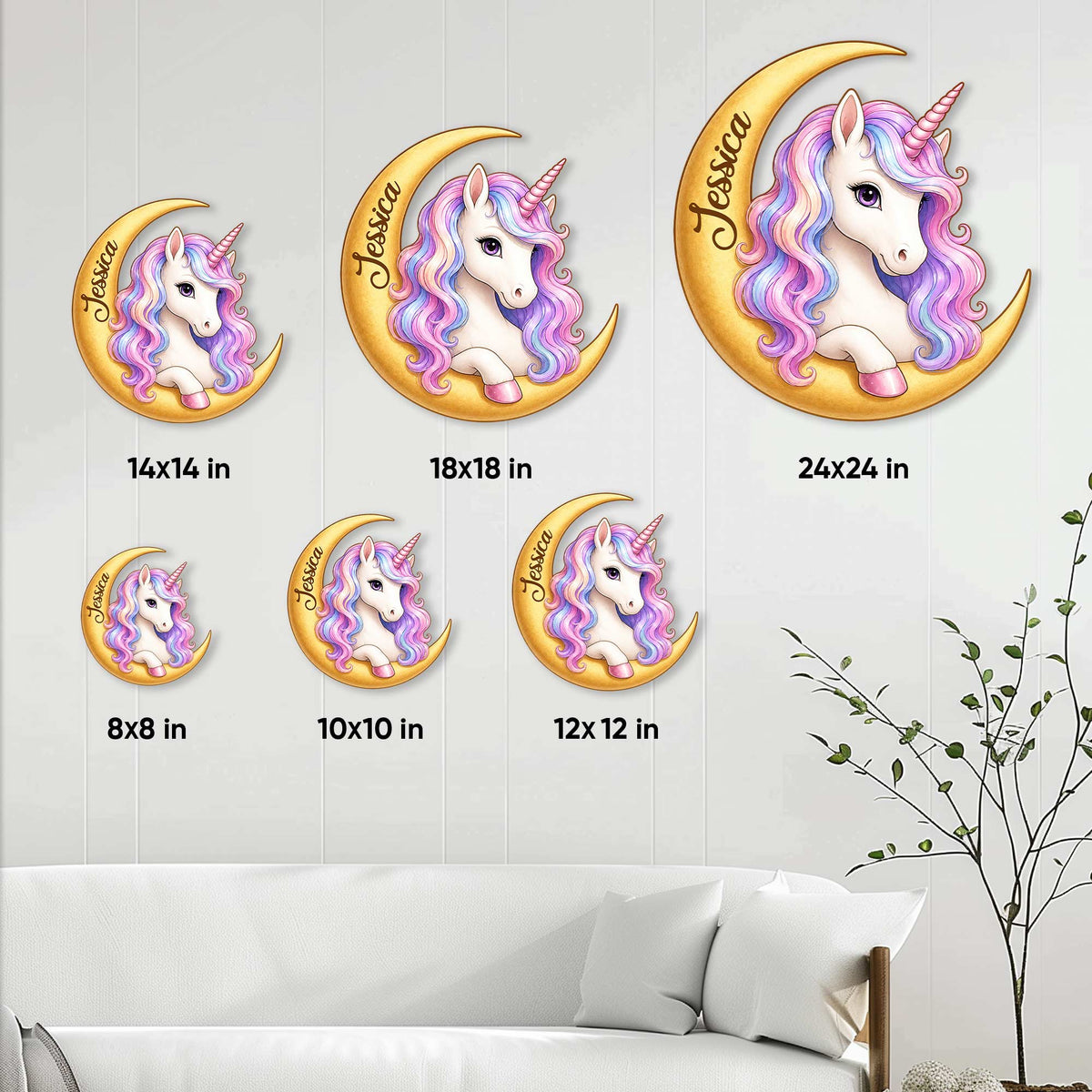 Unicorn crescent moon metal sign size guide showing 8, 10, 12, 14, 18, and 24 inch options