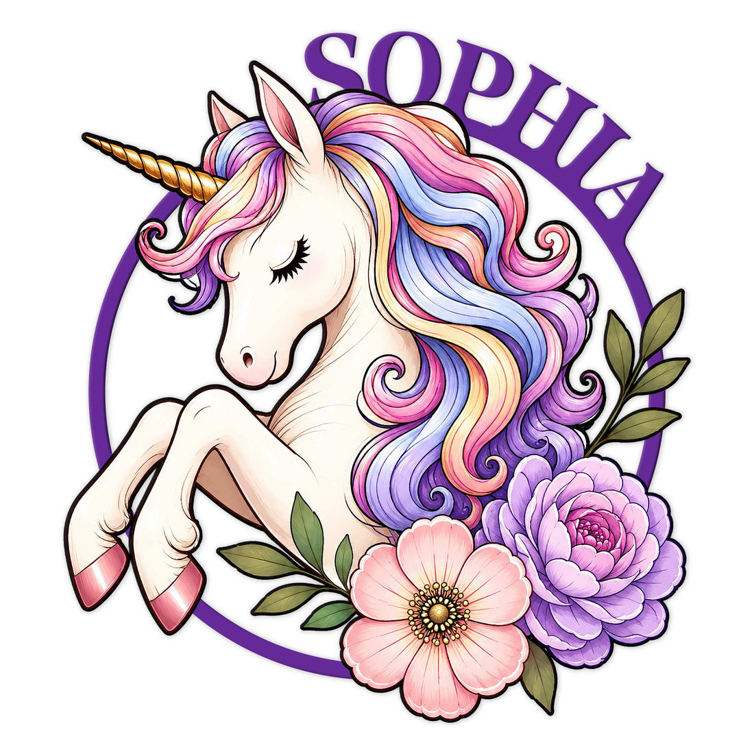 Colorful unicorn metal sign with flowing pastel mane, golden horn, flowers, and purple circular accent