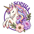 Colorful unicorn metal sign with flowing pastel mane, golden horn, flowers, and purple circular accent