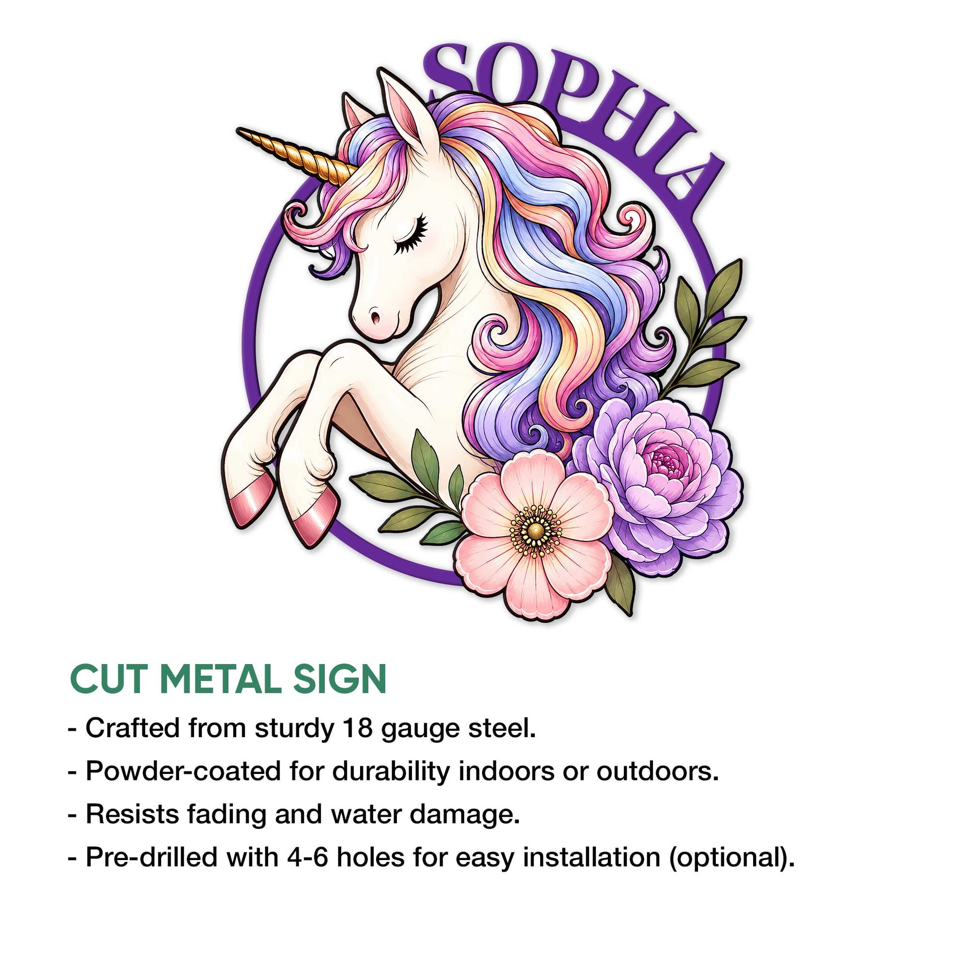 Unicorn cut metal sign shown with product feature details and a colorful floral fantasy design