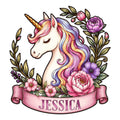Floral unicorn metal sign featuring a colorful mane, golden horn, flowers, leaves, and a decorative ribbon
