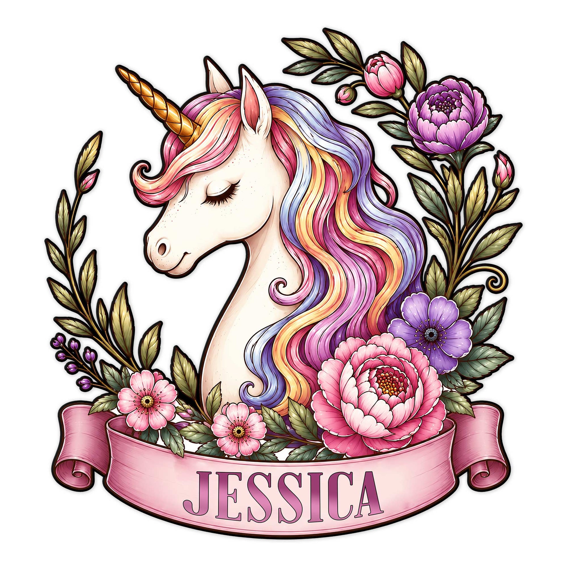 Floral unicorn metal sign featuring a colorful mane, golden horn, flowers, leaves, and a decorative ribbon
