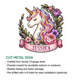 Floral unicorn cut metal sign shown with an illustrated feature summary for indoor or outdoor display
